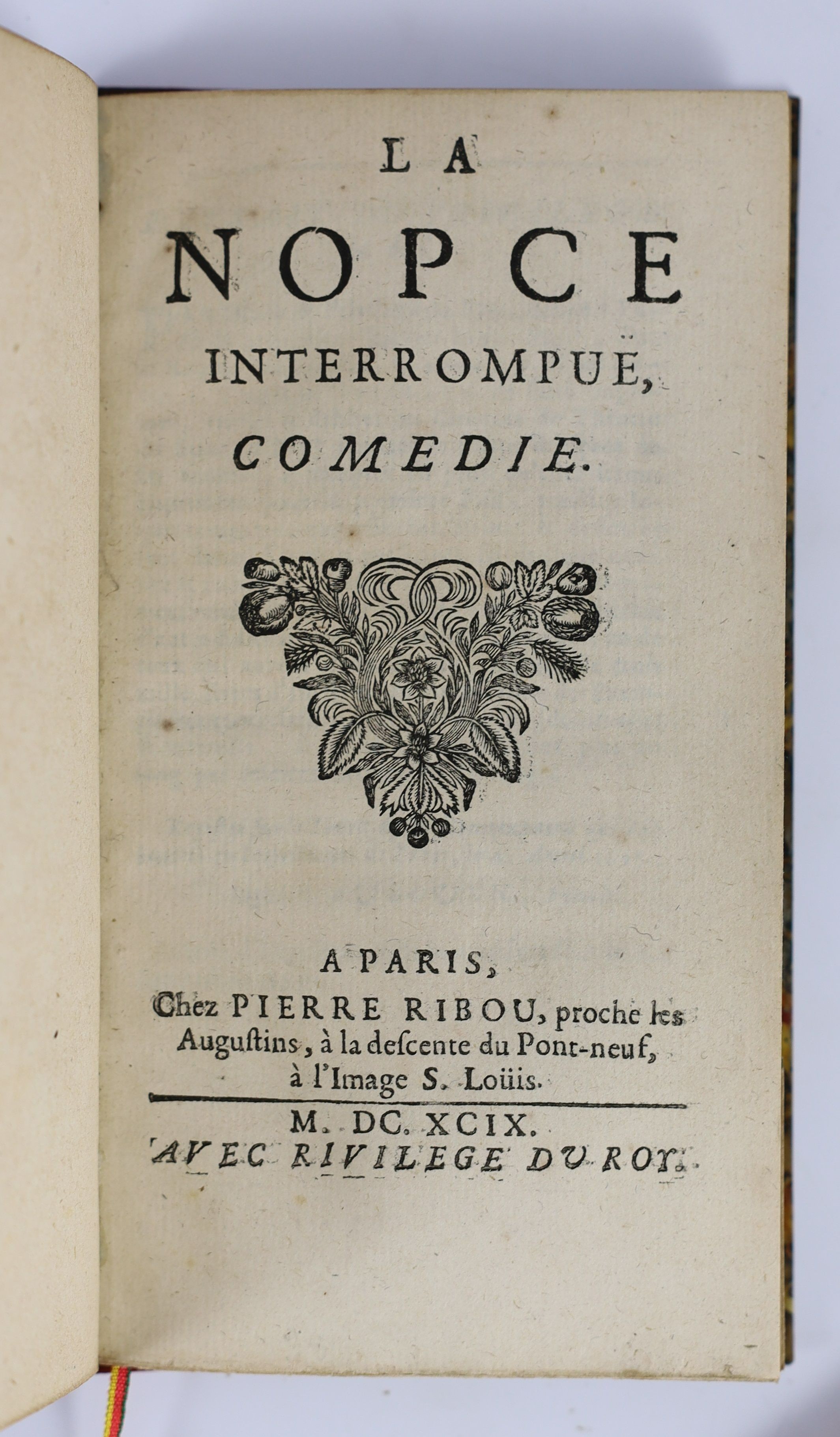 Dufresny, Charles Rivière - La Nopce Interrompue, Comedie, 12mo, quarter red morocco with marbled boards by Isadore Smeers, Pierre Ribou, Paris, 1699